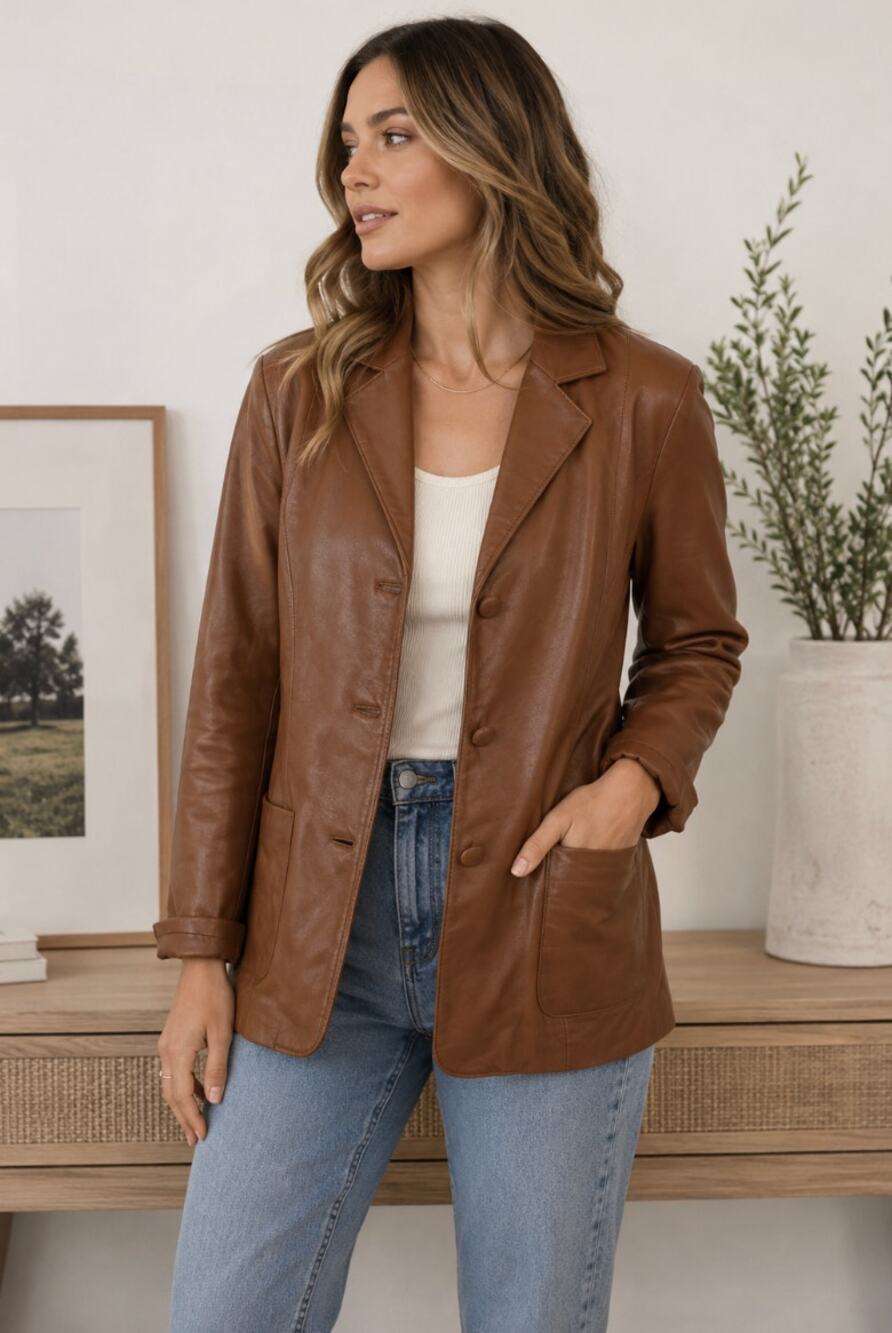 Navarre Leather Company Genuine Leather Brown Blazer Jacket Women's L